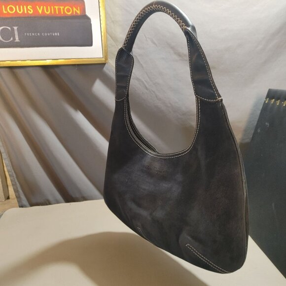 Salvatore Ferragamo Hobo Bag Black Leather Suede White Stitching Italy - Picture 8 of 16